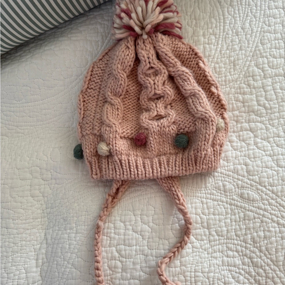 Zara Baby Pink Knit Hat with Pom-Poms